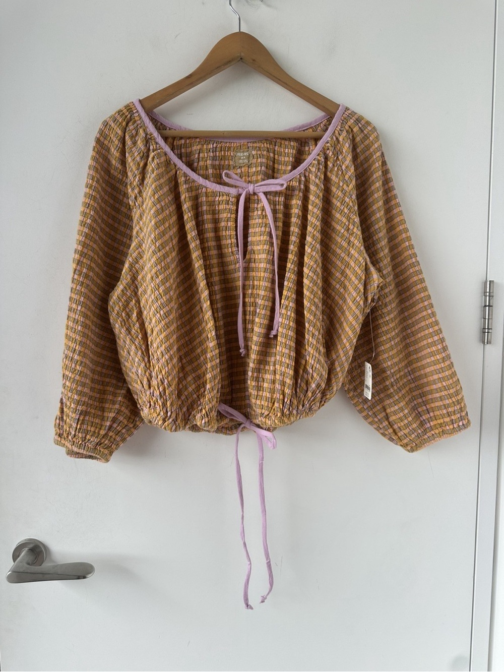 Free People Clara Plaid Top pink medium